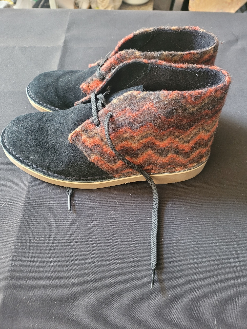 Clarks Black Suede Chukka Boots with Brown Accent - Picture 2 of 6